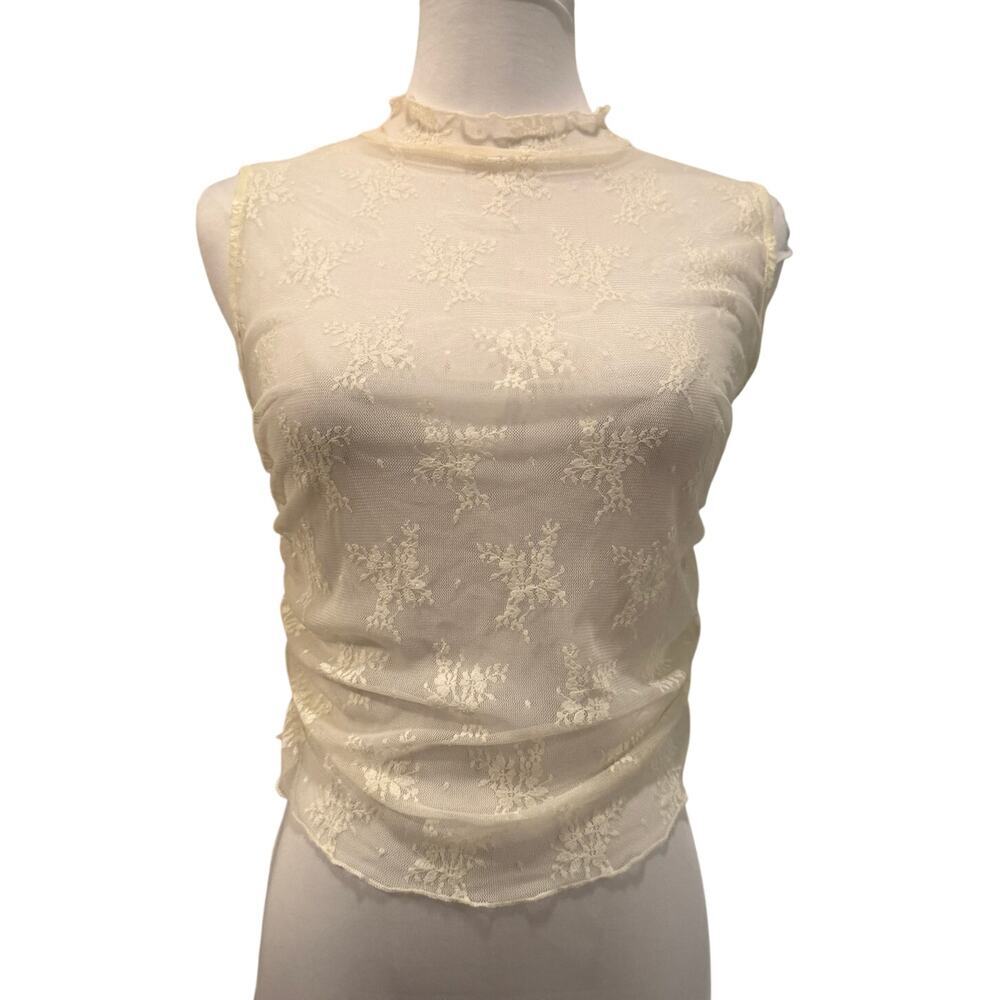 Coquette Lace Sheer Mesh Mock Neck Top Ivory Fairy Grunge Large Whimsical